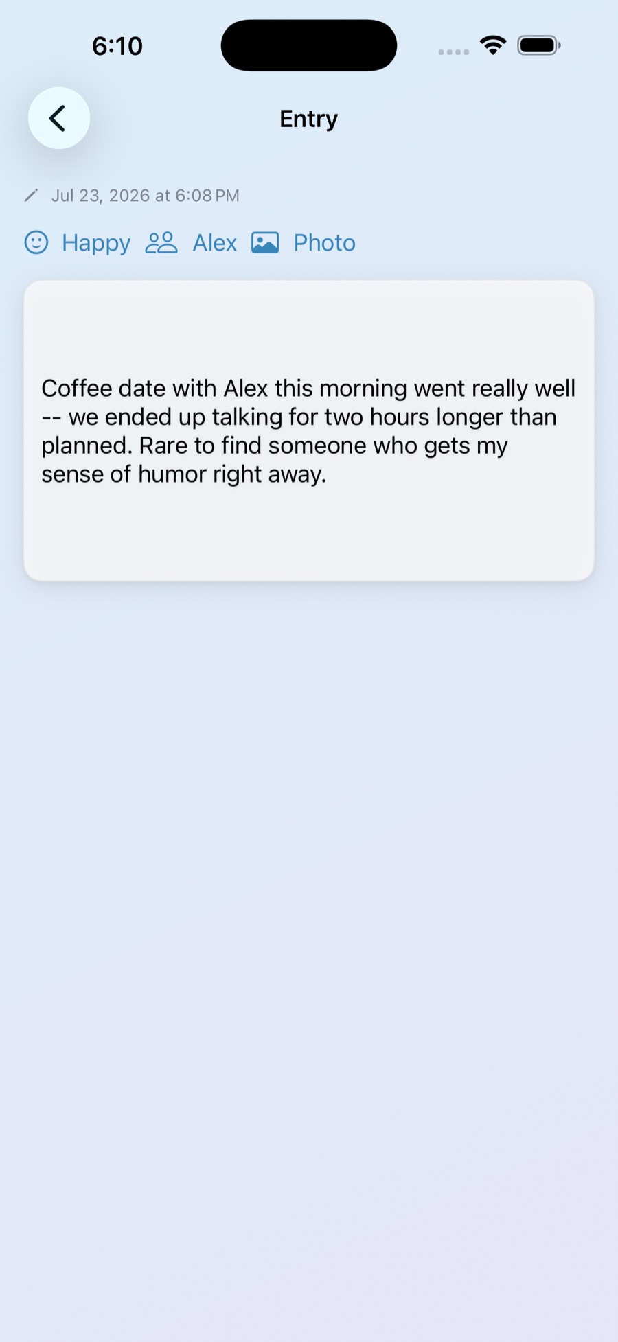 A single journal entry on iPhone, tagged Happy and linked to a partner named Alex.