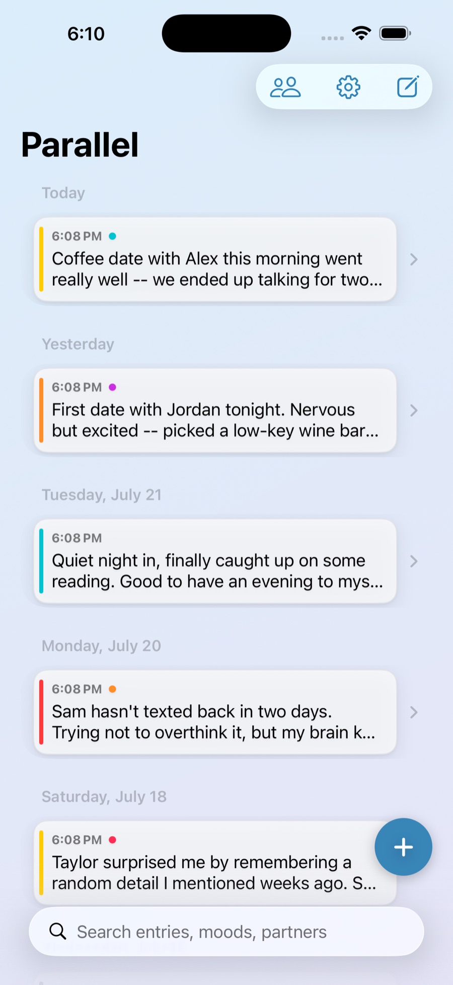 Parallel Journal timeline on iPhone showing entries grouped by day.