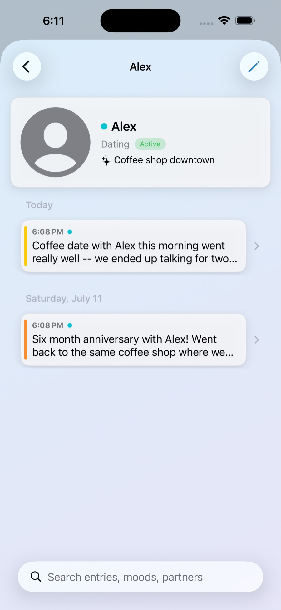 A partner's profile and entry history in Parallel Journal on iPhone.