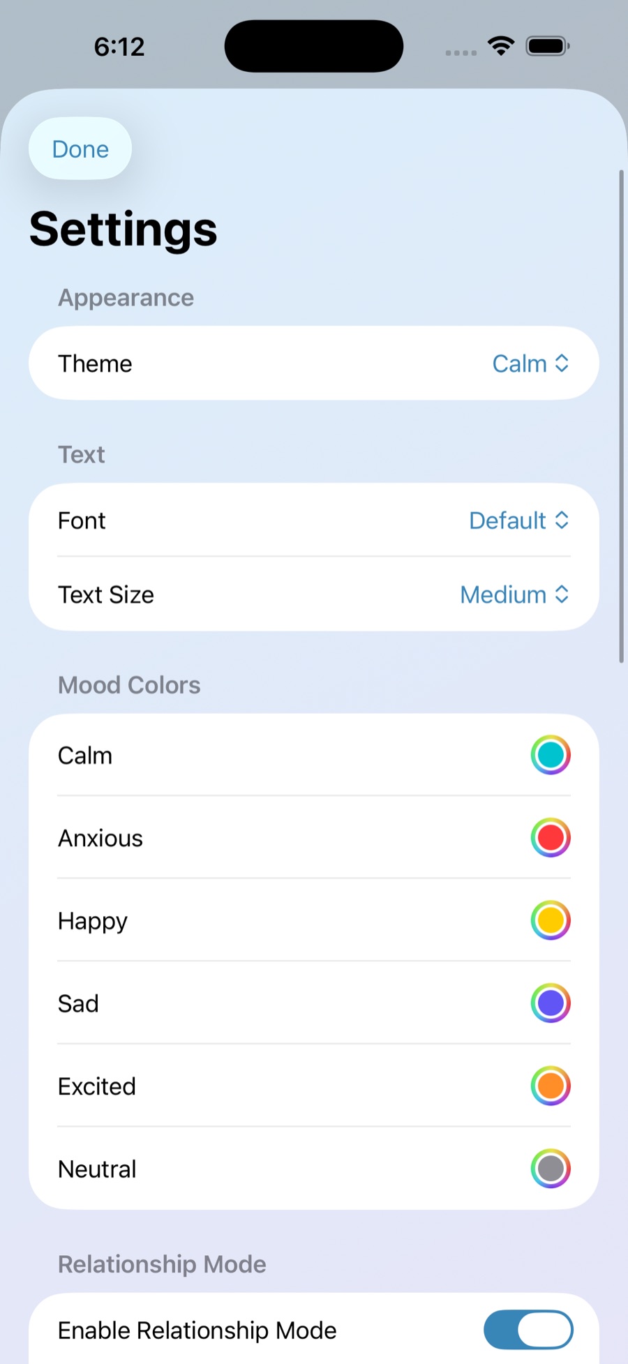 Parallel Journal appearance settings on iPhone, showing theme, font, text size, and mood color options.