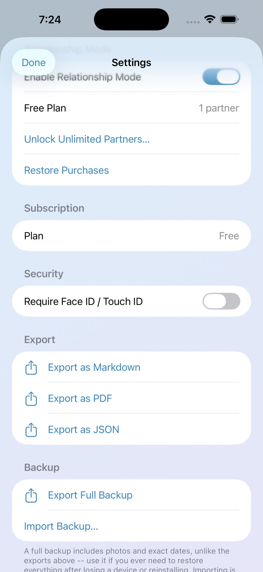 Parallel Journal export and backup settings on iPhone, showing Export as Markdown, PDF, and JSON, and full backup options.