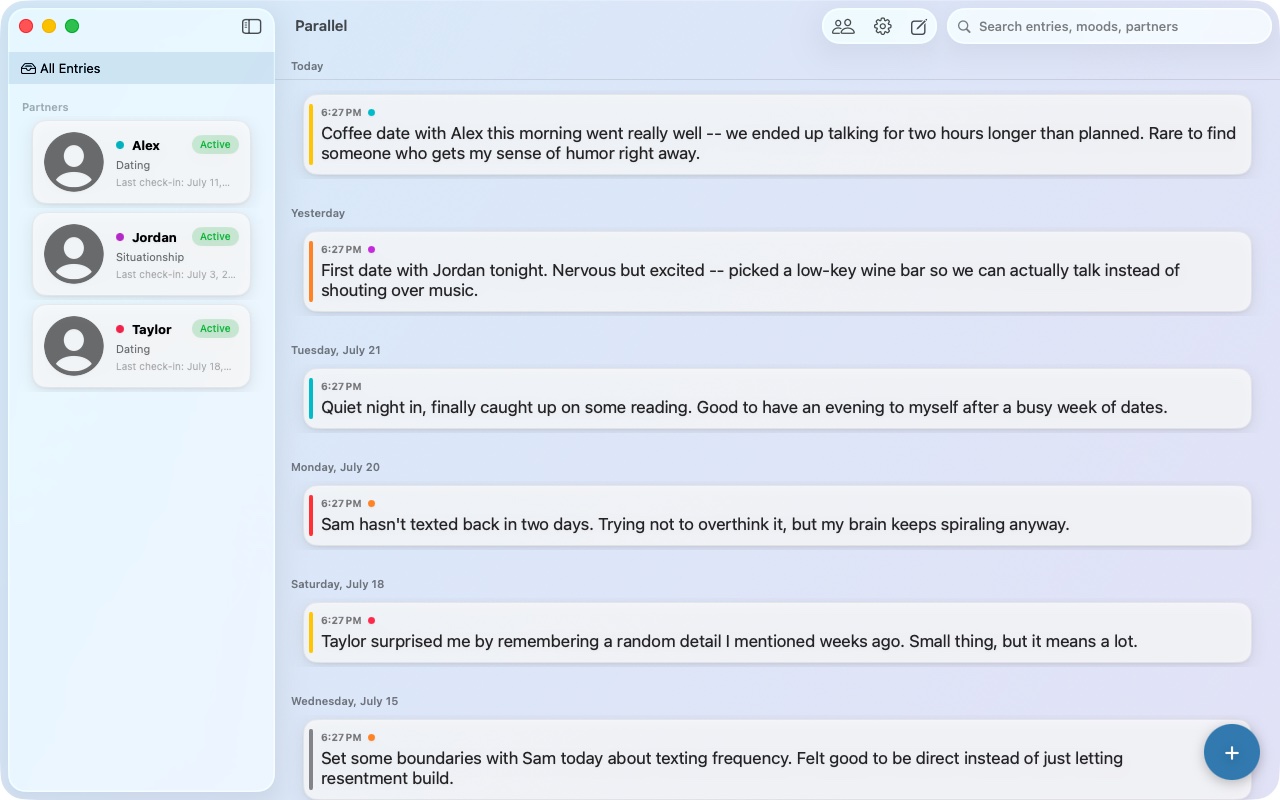 Parallel Journal on Mac, showing a timeline of journal entries organized by date with mood colors and partner tags.